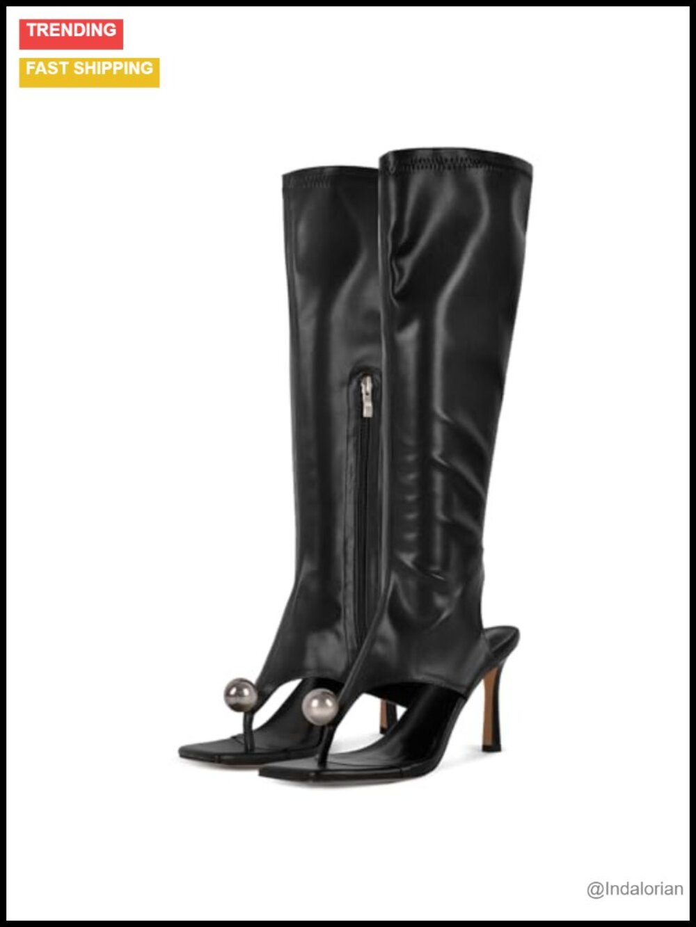 Faux Leather Knee High Stiletto Sandals Sexy Square Open Toe Pearl Stretch Boots